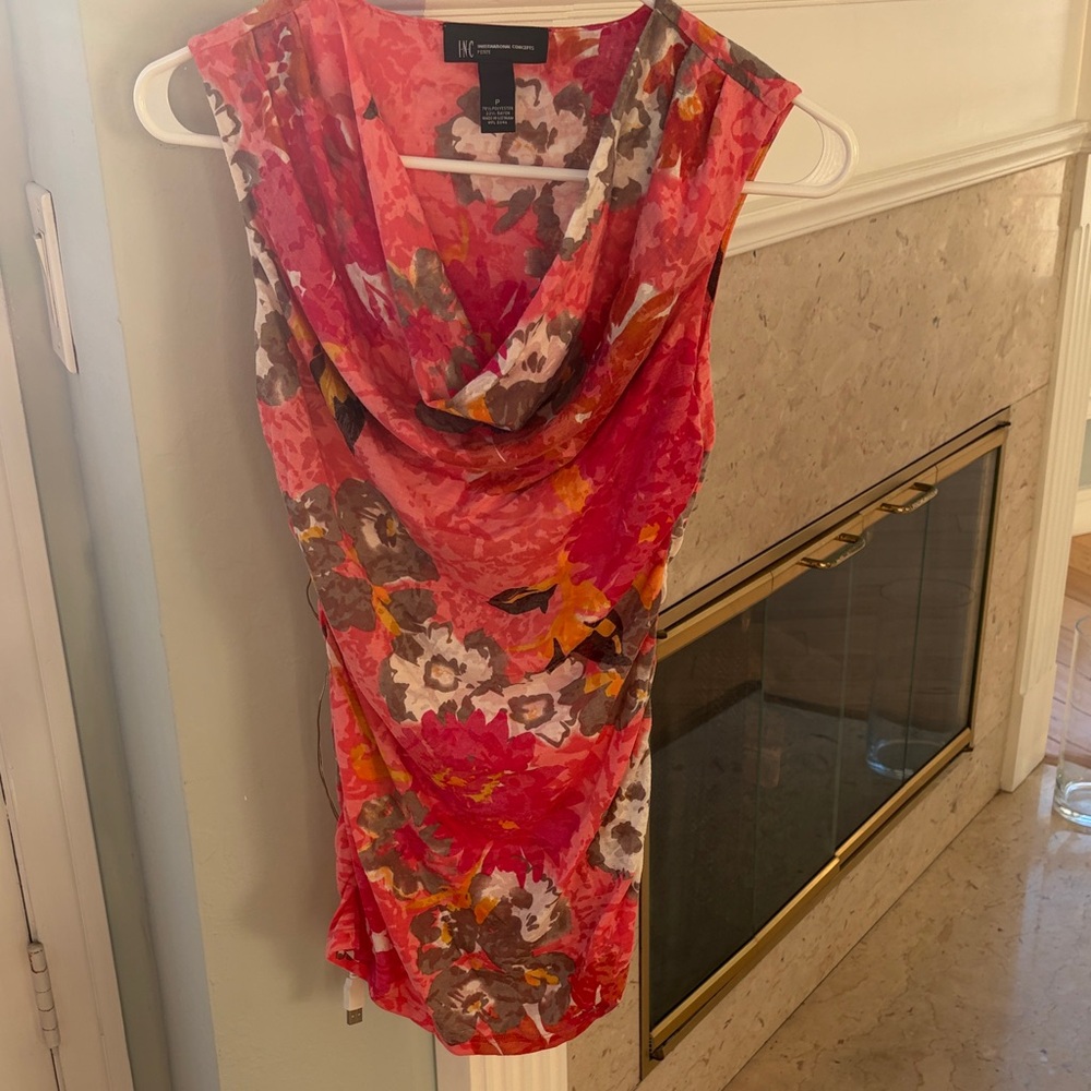 INC International Concepts Coral Pink Floral Cowl Neck Blouse